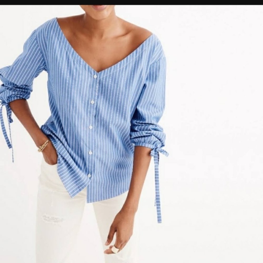 MADEWELL | Morningview Blouse Top Striped Tie Sleeves Shirt navy sz S